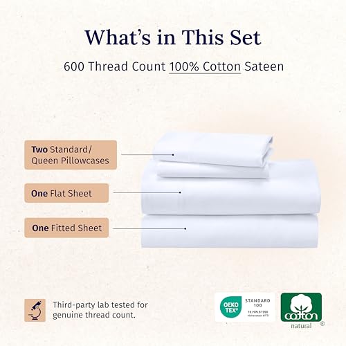 California Design Den Queen Sheet Set - Luxury 600 Thread Count Sateen, 100% Cotton Deep Pocket Queen Sheets with All Around Elastic, Snug Fit, Hotel Quality Bedding Set - White California Design Den Queen Sheet Set - Luxury 600 Thread Count Sateen, 100% Cotton Deep Pocket Queen Sheets with All Around Elastic, Snug Fit, Hotel Quality Bedding Set - White