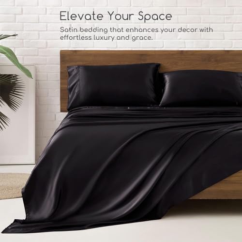 MR&HM Satin Bed Sheets, Queen Size Sheets Set, 4 Pcs Silky Bedding Set with Elastic Corner Straps and 15 Inches Deep Pocket for Mattress (Queen, Black) MR&HM Satin Bed Sheets, Queen Size Sheets Set, 4 Pcs Silky Bedding Set with Elastic Corner Straps and 15 Inches Deep Pocket for Mattress (Queen, Black)