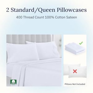California Design Den Standard Queen Size Pillowcase Set - 400 Thread Count, 100% Cotton Sateen, Set of 2 Pillow Covers, Breathable, Cooling, Soft for Quality Sleep - Bright White