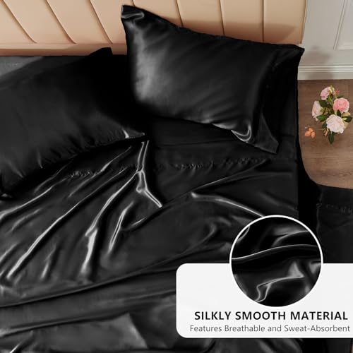 CozyLux Satin Sheets Queen Size - 4 Piece Black Bed Sheet Set with Silky Microfiber, 1 Deep Pocket Fitted Sheet, 1 Flat Sheet, and 2 Pillowcases - Smooth and Soft CozyLux Satin Sheets Queen Size - 4 Piece Black Bed Sheet Set with Silky Microfiber, 1 Deep Pocket Fitted Sheet, 1 Flat Sheet, and 2 Pillowcases - Smooth and Soft