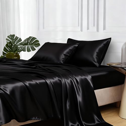 MR&HM Satin Bed Sheets, Queen Size Sheets Set, 4 Pcs Silky Bedding Set with Elastic Corner Straps and 15 Inches Deep Pocket for Mattress (Queen, Black) MR&HM Satin Bed Sheets, Queen Size Sheets Set, 4 Pcs Silky Bedding Set with Elastic Corner Straps and 15 Inches Deep Pocket for Mattress (Queen, Black)