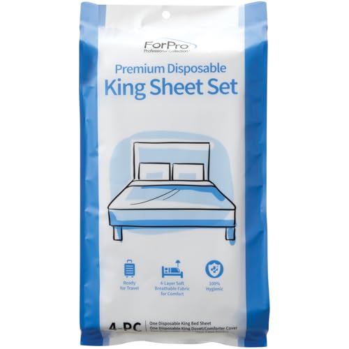 ForPro Premium Disposable Sheet Set, 4-PC King Size Bedding for Travel, Includes Bed Sheet, Duvet Cover and Two Pillowcases, White ForPro Premium Disposable Sheet Set, 4-PC King Size Bedding for Travel, Includes Bed Sheet, Duvet Cover and Two Pillowcases, White