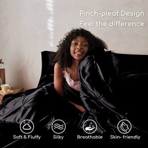 MR&HM Satin Comforter Queen 7 Pieces - Luxurious Pinch Pleat Bedding Set with Comforter, Flat Sheet, Fitted Sheet, Pillowcases & Shams, Super Silky Soft Bed Set for All Season (Queen, Black)