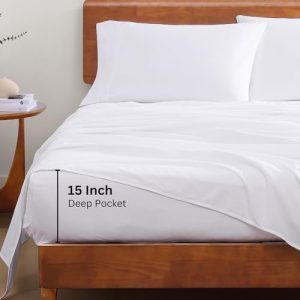 LANE LINEN Eco Friendly 100% Organic Cotton Queen Sheet Set, Soft & Comfy Fully Elasticized 15" Deep Pocket Bed Sheets, Low Pill Naturally Cooling Machine Wash Sábanas Queen- White Bed Sheets