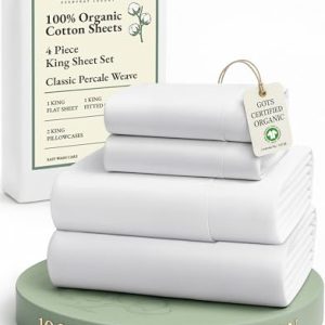 LANE LINEN 100% Organic Cotton King Size Sheets Set, Soft & Comfy All Season Breathable Sheets King Size, Percale Weave Fully Elasticized Eco Friendly Naturally Cooling King White Bed Sheets