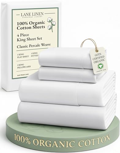 LANE LINEN 100% Organic Cotton King Size Sheets Set, Soft & Comfy All Season Breathable Sheets King Size, Percale Weave Fully Elasticized Eco Friendly Naturally Cooling King White Bed Sheets LANE LINEN 100% Organic Cotton King Size Sheets Set, Soft & Comfy All Season Breathable Sheets King Size, Percale Weave Fully Elasticized Eco Friendly Naturally Cooling King White Bed Sheets