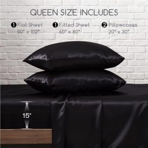 MR&HM Satin Bed Sheets, Queen Size Sheets Set, 4 Pcs Silky Bedding Set with Elastic Corner Straps and 15 Inches Deep Pocket for Mattress (Queen, Black)
