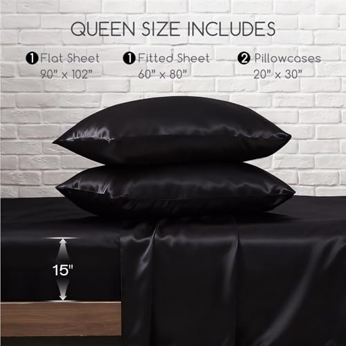 MR&HM Satin Bed Sheets, Queen Size Sheets Set, 4 Pcs Silky Bedding Set with Elastic Corner Straps and 15 Inches Deep Pocket for Mattress (Queen, Black) MR&HM Satin Bed Sheets, Queen Size Sheets Set, 4 Pcs Silky Bedding Set with Elastic Corner Straps and 15 Inches Deep Pocket for Mattress (Queen, Black)