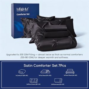 MR&HM Satin Comforter Queen 7 Pieces - Luxurious Pinch Pleat Bedding Set with Comforter, Flat Sheet, Fitted Sheet, Pillowcases & Shams, Super Silky Soft Bed Set for All Season (Queen, Black)