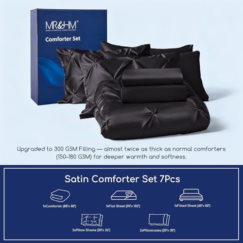 MR&HM Satin Comforter Queen 7 Pieces - Luxurious Pinch Pleat Bedding Set with Comforter, Flat Sheet, Fitted Sheet, Pillowcases & Shams, Super Silky Soft Bed Set for All Season (Queen, Black) MR&HM Satin Comforter Queen 7 Pieces - Luxurious Pinch Pleat Bedding Set with Comforter, Flat Sheet, Fitted Sheet, Pillowcases & Shams, Super Silky Soft Bed Set for All Season (Queen, Black)