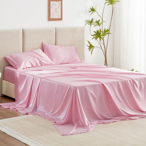 Love's cabin Satin Queen Sheets Set - 4 Piece Pink Silky Bed Sheets Set with Deep Pocket, Luxury Silk Feel Satin Queen Size Sheet Set (1 Flat Sheet,1 Fitted Sheet,2 Pillow Cases) Love's cabin Satin Queen Sheets Set - 4 Piece Pink Silky Bed Sheets Set with Deep Pocket, Luxury Silk Feel Satin Queen Size Sheet Set (1 Flat Sheet,1 Fitted Sheet,2 Pillow Cases)