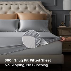 Bedsure Satin Sheets Queen Size - 4 Piece Silky Bedsheets with 15 Inches Deep Pocket Fitted Bedsheet,1 Flat Sheet, 2 Satin Pillowcases, Good for Hair & Skin (Queen, Silver Grey)