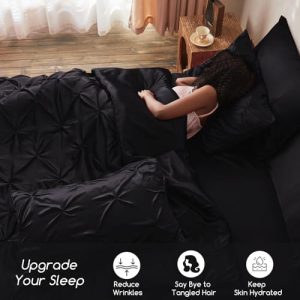 MR&HM Satin Comforter Queen 7 Pieces - Luxurious Pinch Pleat Bedding Set with Comforter, Flat Sheet, Fitted Sheet, Pillowcases & Shams, Super Silky Soft Bed Set for All Season (Queen, Black)