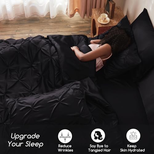 MR&HM Satin Comforter Queen 7 Pieces - Luxurious Pinch Pleat Bedding Set with Comforter, Flat Sheet, Fitted Sheet, Pillowcases & Shams, Super Silky Soft Bed Set for All Season (Queen, Black) MR&HM Satin Comforter Queen 7 Pieces - Luxurious Pinch Pleat Bedding Set with Comforter, Flat Sheet, Fitted Sheet, Pillowcases & Shams, Super Silky Soft Bed Set for All Season (Queen, Black)
