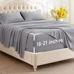 Bedsure Deep Pocket Queen Sheets Set - Fits Mattresses Up to 21 Inches Thick - 4 Piece GentleSoft Bed Sheets, Moisture Wicking, Soft & Cooling Bedsheet & Pillowcases, Easy & Secure Fit, Light Grey