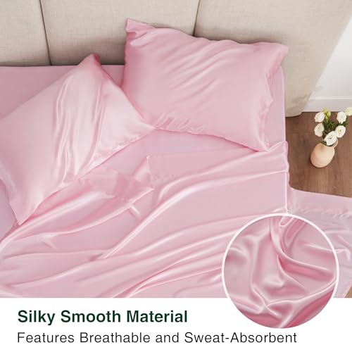 Love's cabin Satin Queen Sheets Set - 4 Piece Pink Silky Bed Sheets Set with Deep Pocket, Luxury Silk Feel Satin Queen Size Sheet Set (1 Flat Sheet,1 Fitted Sheet,2 Pillow Cases) Love's cabin Satin Queen Sheets Set - 4 Piece Pink Silky Bed Sheets Set with Deep Pocket, Luxury Silk Feel Satin Queen Size Sheet Set (1 Flat Sheet,1 Fitted Sheet,2 Pillow Cases)