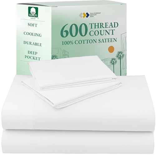 California Design Den Queen Sheet Set - Luxury 600 Thread Count Sateen, 100% Cotton Deep Pocket Queen Sheets with All Around Elastic, Snug Fit, Hotel Quality Bedding Set - White California Design Den Queen Sheet Set - Luxury 600 Thread Count Sateen, 100% Cotton Deep Pocket Queen Sheets with All Around Elastic, Snug Fit, Hotel Quality Bedding Set - White