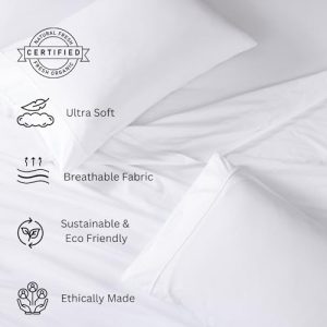 LANE LINEN Eco Friendly 100% Organic Cotton Queen Sheet Set, Soft & Comfy Fully Elasticized 15" Deep Pocket Bed Sheets, Low Pill Naturally Cooling Machine Wash Sábanas Queen- White Bed Sheets