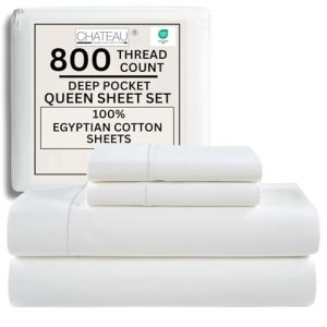 100% Egyptian Cotton Sheets Queen Size Bed Set, Deep Pocket Queen Sheet set, 800 Thread Count Cotton Bed Sheets, Naturally Cool Soft Breathable No Pill Elasticated Luxury White Bedding For All Seasons