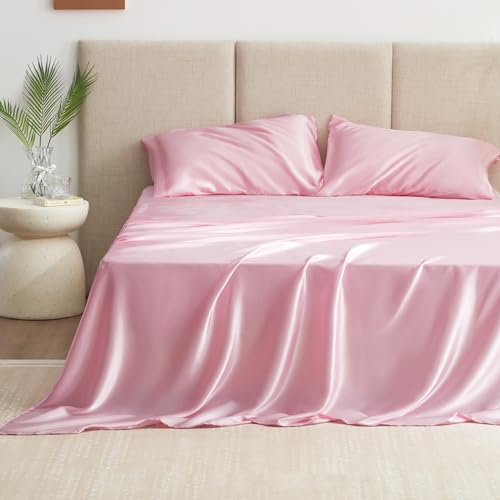 Love's cabin Satin Queen Sheets Set - 4 Piece Pink Silky Bed Sheets Set with Deep Pocket, Luxury Silk Feel Satin Queen Size Sheet Set (1 Flat Sheet,1 Fitted Sheet,2 Pillow Cases) Love's cabin Satin Queen Sheets Set - 4 Piece Pink Silky Bed Sheets Set with Deep Pocket, Luxury Silk Feel Satin Queen Size Sheet Set (1 Flat Sheet,1 Fitted Sheet,2 Pillow Cases)