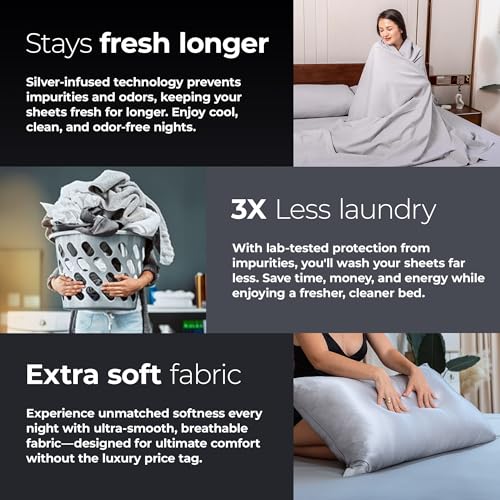 Silvery Silver Infused Bed Sheets Set - Ultra-Soft Temperature-Regulating Fabric with Self-Cleaning Technology™ That Stays Fresh 3X Longer for Hygienic Sleep (Gray, Queen) Silvery Silver Infused Bed Sheets Set - Ultra-Soft Temperature-Regulating Fabric with Self-Cleaning Technology™ That Stays Fresh 3X Longer for Hygienic Sleep (Gray, Queen)