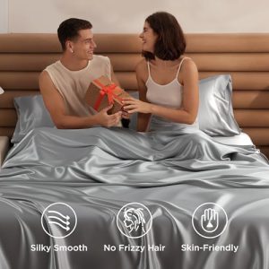Bedsure Satin Sheets Queen Size - 4 Piece Silky Bedsheets with 15 Inches Deep Pocket Fitted Bedsheet,1 Flat Sheet, 2 Satin Pillowcases, Good for Hair & Skin (Queen, Silver Grey)