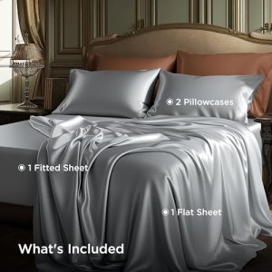 Bedsure Satin Sheets Queen Size - 4 Piece Silky Bedsheets with 15 Inches Deep Pocket Fitted Bedsheet,1 Flat Sheet, 2 Satin Pillowcases, Good for Hair & Skin (Queen, Silver Grey)