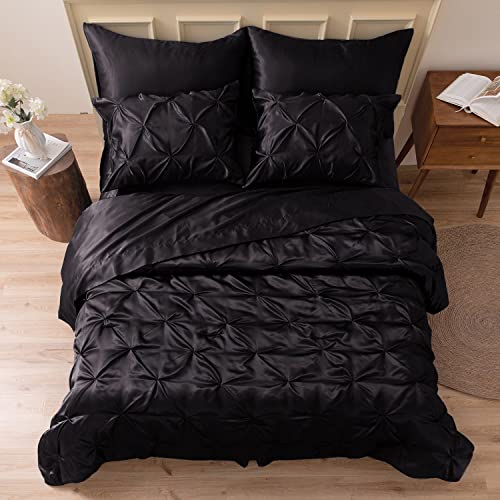 MR&HM Satin Comforter Queen 7 Pieces - Luxurious Pinch Pleat Bedding Set with Comforter, Flat Sheet, Fitted Sheet, Pillowcases & Shams, Super Silky Soft Bed Set for All Season (Queen, Black) MR&HM Satin Comforter Queen 7 Pieces - Luxurious Pinch Pleat Bedding Set with Comforter, Flat Sheet, Fitted Sheet, Pillowcases & Shams, Super Silky Soft Bed Set for All Season (Queen, Black)