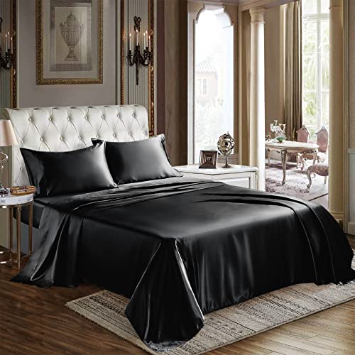 CozyLux Satin Sheets Queen Size - 4 Piece Black Bed Sheet Set with Silky Microfiber, 1 Deep Pocket Fitted Sheet, 1 Flat Sheet, and 2 Pillowcases - Smooth and Soft CozyLux Satin Sheets Queen Size - 4 Piece Black Bed Sheet Set with Silky Microfiber, 1 Deep Pocket Fitted Sheet, 1 Flat Sheet, and 2 Pillowcases - Smooth and Soft