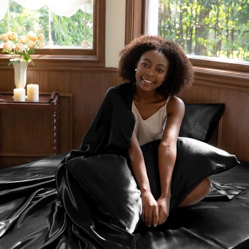 CozyLux Satin Sheets Queen Size - 4 Piece Black Bed Sheet Set with Silky Microfiber, 1 Deep Pocket Fitted Sheet, 1 Flat Sheet, and 2 Pillowcases - Smooth and Soft CozyLux Satin Sheets Queen Size - 4 Piece Black Bed Sheet Set with Silky Microfiber, 1 Deep Pocket Fitted Sheet, 1 Flat Sheet, and 2 Pillowcases - Smooth and Soft