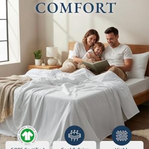 LANE LINEN 100% Organic Cotton King Size Sheets Set, Soft & Comfy All Season Breathable Sheets King Size, Percale Weave Fully Elasticized Eco Friendly Naturally Cooling King White Bed Sheets