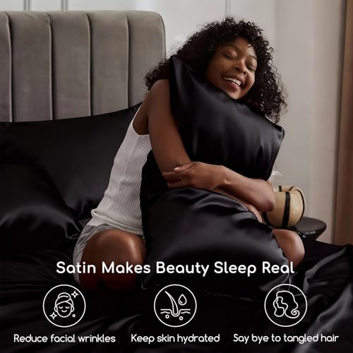 MR&HM Satin Bed Sheets, Queen Size Sheets Set, 4 Pcs Silky Bedding Set with Elastic Corner Straps and 15 Inches Deep Pocket for Mattress (Queen, Black) MR&HM Satin Bed Sheets, Queen Size Sheets Set, 4 Pcs Silky Bedding Set with Elastic Corner Straps and 15 Inches Deep Pocket for Mattress (Queen, Black)