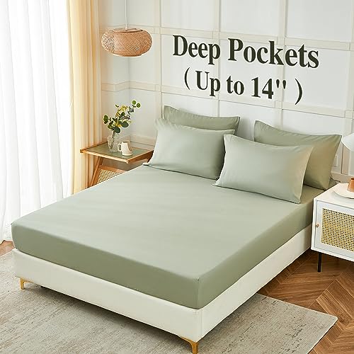 ILAVANDE Queen Sheets Set 6 Piece,Hotel Luxury Super Soft 1800 Series Microfiber Queen Bed Sheets Set-Wrinkle Free & Breathable-14 Deep Pocket Sheets for Queen Size Bed(Queen,Sage Green) ILAVANDE Queen Sheets Set 6 Piece,Hotel Luxury Super Soft 1800 Series Microfiber Queen Bed Sheets Set-Wrinkle Free & Breathable-14 Deep Pocket Sheets for Queen Size Bed(Queen,Sage Green)